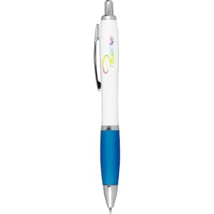 A ballpoint pen with a white barrel, blue grip, and a logo on the side.