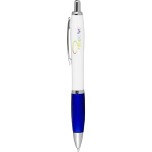 A ballpoint pen with a white barrel, blue grip, and a silver clip, featuring a logo on the barrel.