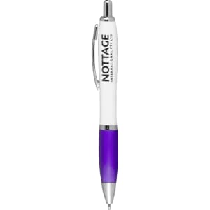 A ballpoint pen featuring a white barrel and a purple grip, with a logo on the barrel.