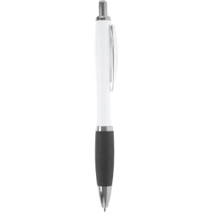A ballpoint pen with a white barrel, black grip, and a silver clip. It features a branding logo on the barrel.