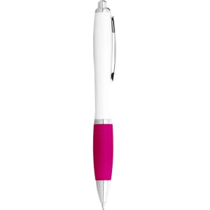 A ballpoint pen with a white barrel and a pink grip, featuring a clip and a brand logo.