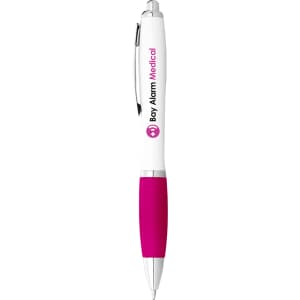 A ballpoint pen with a white barrel and pink grip, featuring a logo on the barrel.