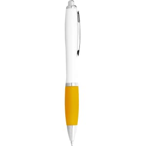 A plastic ballpoint pen featuring a white barrel and a yellow grip, with a silver clip and trim.