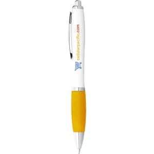 A ballpoint pen with a white barrel and yellow grip, featuring a branding logo.