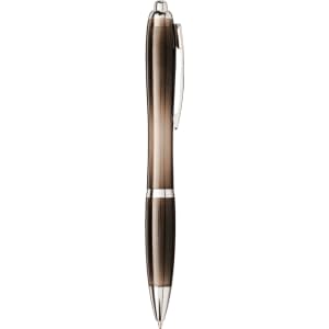 A grey and silver ballpoint pen with a sleek design and a logo on the barrel.