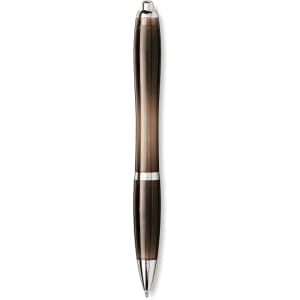 A black and grey ballpoint pen with a silver accent and a clip. The pen has a sleek, modern design and features a logo.