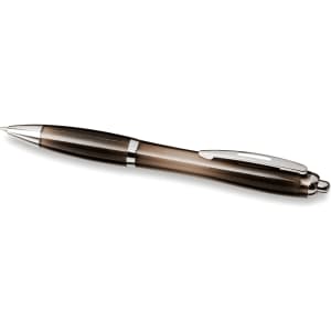 A grey ballpoint pen with a sleek design and chrome detailing, featuring a logo.