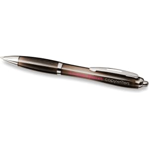 A brown and silver ballpoint pen with a comfortable grip and a logo. Features a click mechanism for writing.