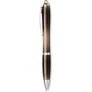 A brown and silver ballpoint pen with a sleek design and a clip, featuring branding.