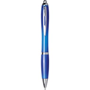 A blue ballpoint pen with a clear barrel and silver accents, featuring a logo.