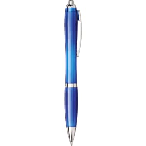 A blue pen with a gradient finish and silver accents, featuring a branding logo.