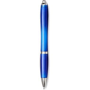 A blue and silver ballpoint pen with a sleek design and a logo on the body.