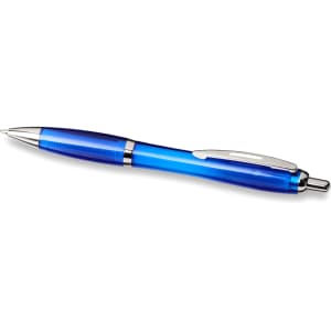 A blue ballpoint pen with a sleek design and a silver clip, featuring a logo on its body.