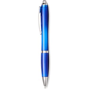 A blue ballpoint pen with a sleek design, featuring silver accents and a clip. It has a logo on the barrel.