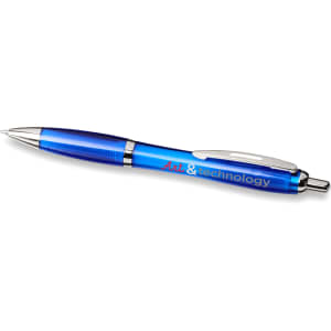 A blue ballpoint pen with a silver clip and a logo on the barrel, made from recycled PET material.