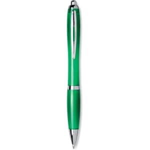 A green ballpoint pen made from recycled PET, featuring a chrome clip and accents, with branding visible.