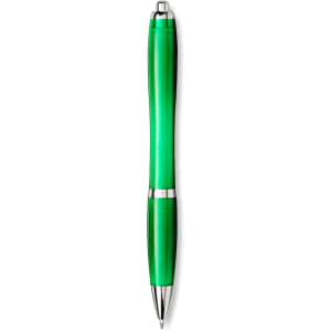 A green ballpoint pen with a shiny finish, featuring a silver clip and accents, and has branding.