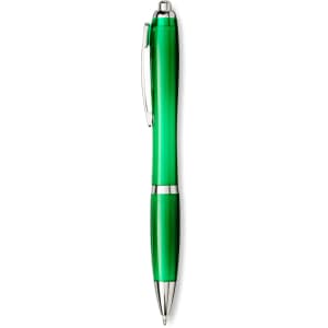 A green ballpoint pen with a shiny finish and silver accents, featuring a clip and a logo.
