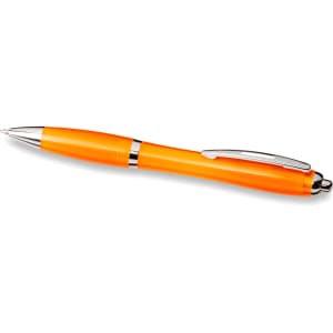 An orange ballpoint pen with a shiny silver clip and accents. It features a branded logo on the barrel.