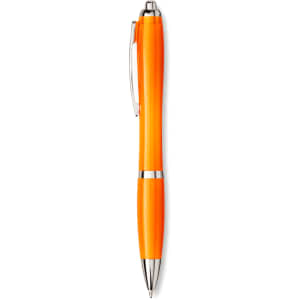 An orange ballpoint pen with silver accents and a branding logo.