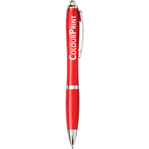 A red ballpoint pen with a silver clip and accents, featuring a branding logo.