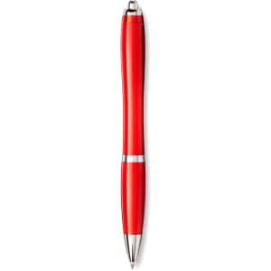 A red ballpoint pen with a sleek design and silver accents, featuring a logo on its body.