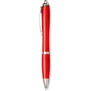 A red ballpoint pen with silver accents and a clip. The pen has a sleek, plastic design and features a logo.