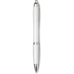 A white ballpoint pen with silver accents and a branding logo. Made from recycled PET materials.