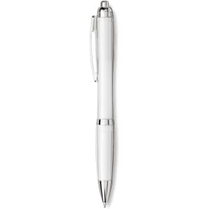 A ballpoint pen in a transparent body with silver accents and a clip. Features a logo on the barrel.