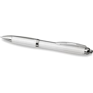 A ballpoint pen in white with silver accents and a textured grip, featuring a logo on the barrel.