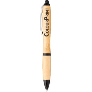 A bamboo ballpoint pen with black accents and a branding logo on the barrel.