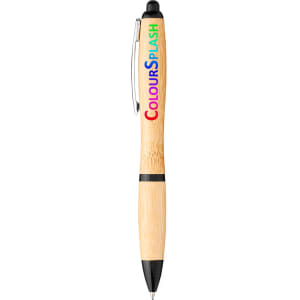 A bamboo ballpoint pen featuring a silver clip and black accents, with a multicoloured logo.