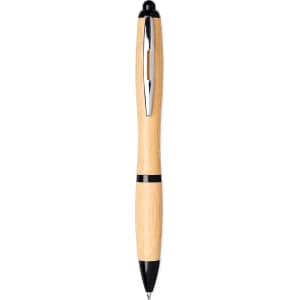 A bamboo ballpoint pen featuring a black trim and a shiny clip, showcasing a natural wood finish.
