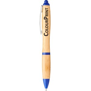 A bamboo ballpoint pen featuring blue accents and a clip, with a logo on the barrel.