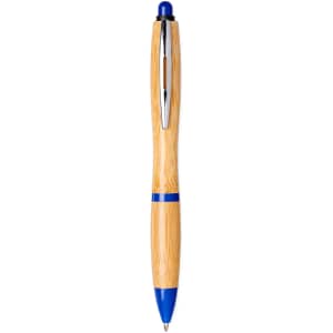 A bamboo ballpoint pen featuring a blue accent and chrome details, with a sleek design and a logo.