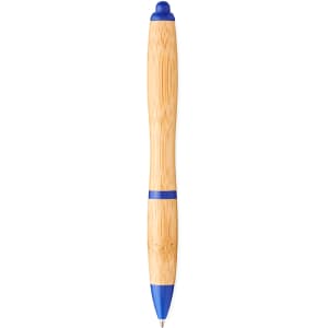 A bamboo ballpoint pen featuring blue accents and a smooth, curved design, with a logo on the side.
