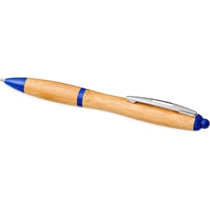 A bamboo ballpoint pen with blue accents and a silver clip, featuring a sleek design.