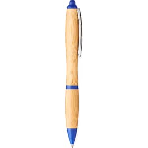 A bamboo ballpoint pen with blue accents and a silver clip, featuring a branding logo.