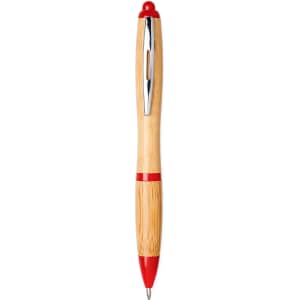 A bamboo ballpoint pen featuring a red clip and accents, complemented by a shiny chrome detail.