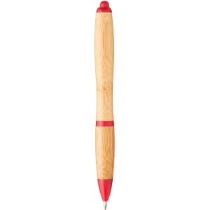 A bamboo ballpoint pen with red accents, featuring a sleek design and a branding logo on the barrel.