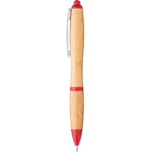 A bamboo ballpoint pen with red accents and a silver clip, featuring a logo on the barrel.