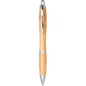 A bamboo ballpoint pen featuring silver accents and a clip, exhibiting a natural wood appearance.