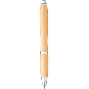 A bamboo ballpoint pen with a sleek design, featuring silver accents and a smooth writing tip.
