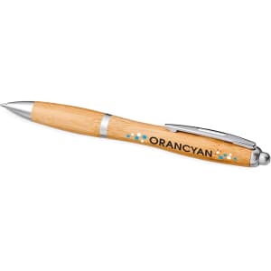 A bamboo ballpoint pen with a silver clip and branding, showcasing a natural wood finish.