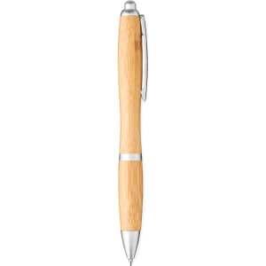 A bamboo ballpoint pen with silver accents and a logo, featuring a sleek, natural wood design.