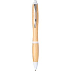 A bamboo ballpoint pen with white accents and a shiny silver clip. Features a sleek, natural finish.