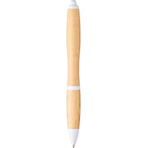 A bamboo ballpoint pen with a natural finish and white accents, featuring a branding logo.