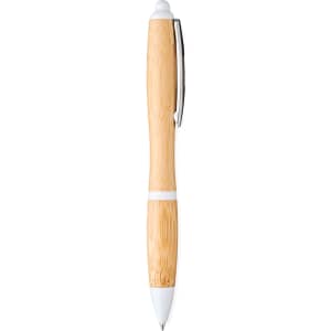 A bamboo ballpoint pen with white accents and a silver clip, featuring a smooth barrel design.