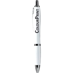 A white ballpoint pen with a silver tip and a clip, featuring a logo along the barrel.