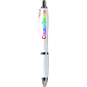 A white ballpoint pen with a transparent clip and a multicoloured logo, featuring a silver tip.